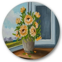 Designart 'csendélet narancsvirággal vázában az ablakon:' Hagyományos körfém fali művészet - 11 lemez