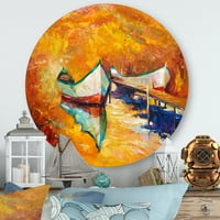 Kis hajó meleg és narancssárga esti festményművészeti nyomatok során