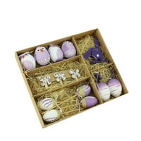 Lila és fehér húsvéti tojás csirke és nyuszi rugó dekorációk halmaza