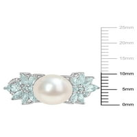 A Miabella női édesvízi tenyésztett gyöngy és 1- Carat T.G.W. Aquamarine és Carat T.W. Gyémánt 14KT fehérarany klaszter virággyűrű