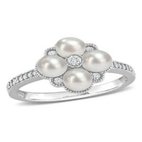 Gomb alakú tenyésztett édesvízi gyöngy és karat T.W. Kerek vágott gyémánt 14 kt fehérarany klaszter vintage gyűrű