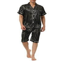 Egyedi olcsó férfi csík pizsamák Set rövid ujjú gomb lefelé szatén alvás
