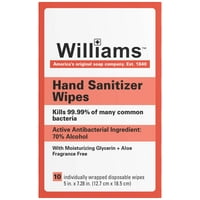 Williams kézi fertőtlenítő törlőkendők - számoljon el egyénileg becsomagolva, sok általános baktérium 99,99% -át megöli, hidratáló