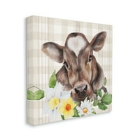 Stupell Country Gingham Virágos tehén állatok és rovarok Festés Galéria csomagolt vászon nyomtatott fali művészet