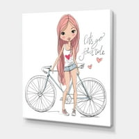 Fiatal nő kerékpárfestéssel vászon művészeti nyomtatás