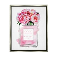 Stupell Industries GLAM Perfume palack V Virág ezüst rózsaszín bazsarózsa Luster szürke keretes úszó vászon fal művészet, 16x20