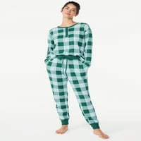 Joyspun női gofri HACCI kötött Henley Top és Joggers pizsama szett, 2 darab, S méret S-tól 3x-ig