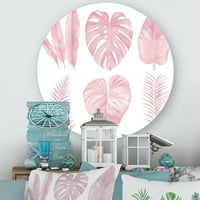 Designart 'Trópusi rózsaszín akvarell levelek fehér i' Shabby Chic Circle Metal Wall Art - 11 lemez