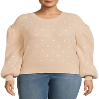Dreamers by Debut Women's Plus Size Puff hüvely hímzett pontok pulóver pulóver