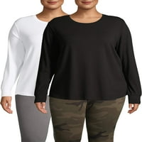 Terra & Sky Women's Plus méret hosszú ujjú, mindennapi alapvető személyzet póló, 2 csomag